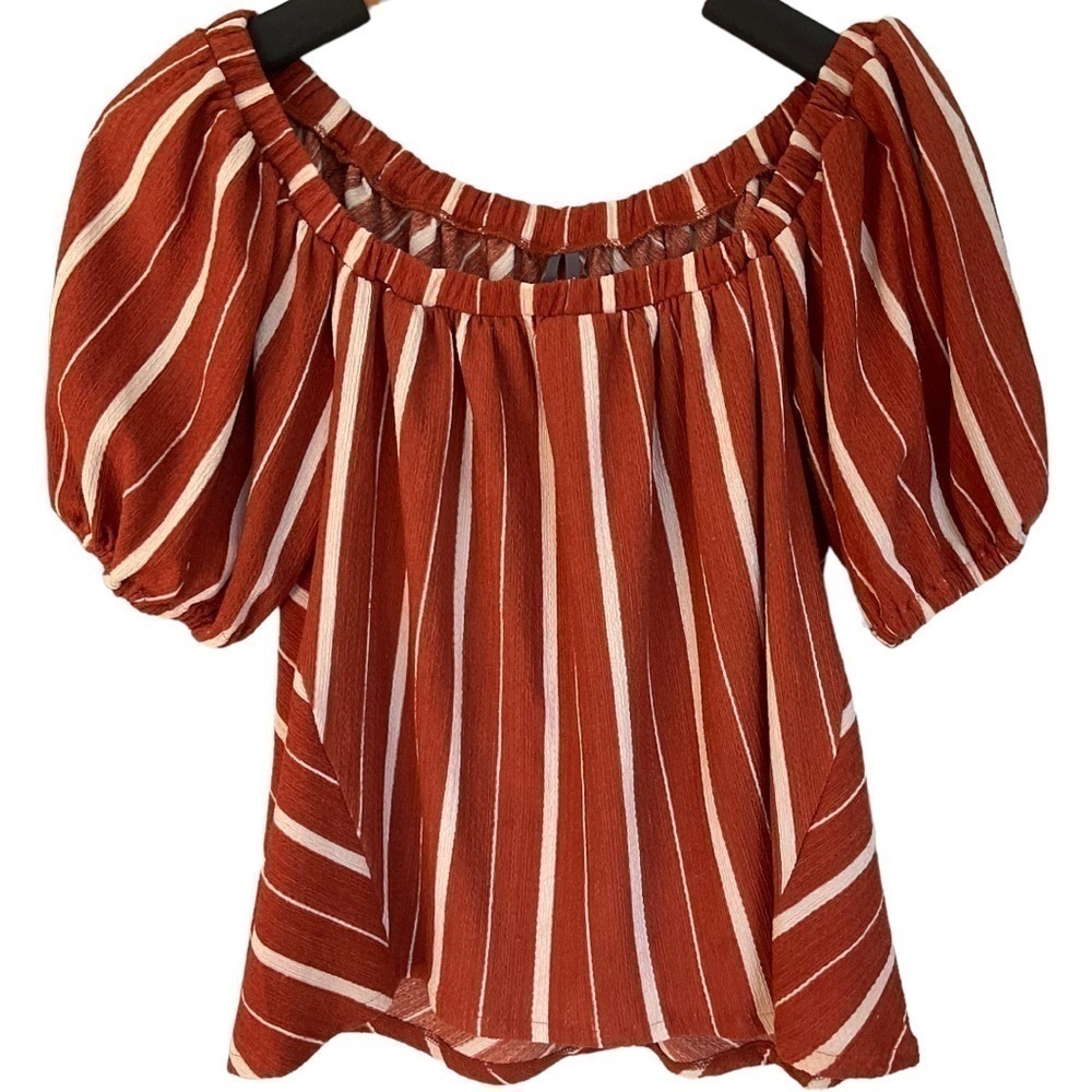 ANTHROPOLOGIE ELODIE RUST STRIPED OFF THE SHOULDER TOP M